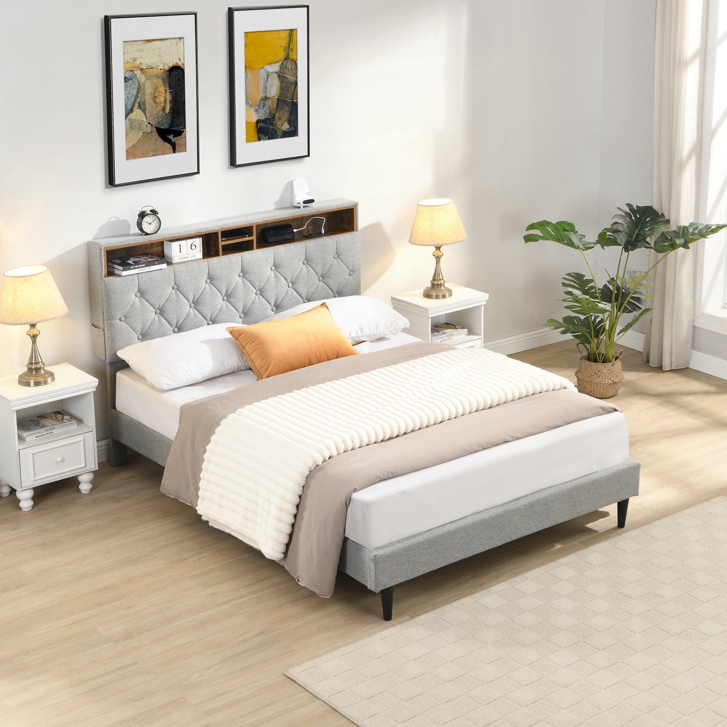 Queen-Size Upholstered Platform Bed Frame with USB Charging, Light Grey