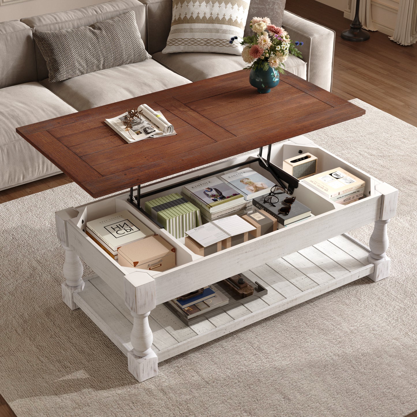 Retro Lift-Top Coffee Table with Storage - Antique Espresso & White