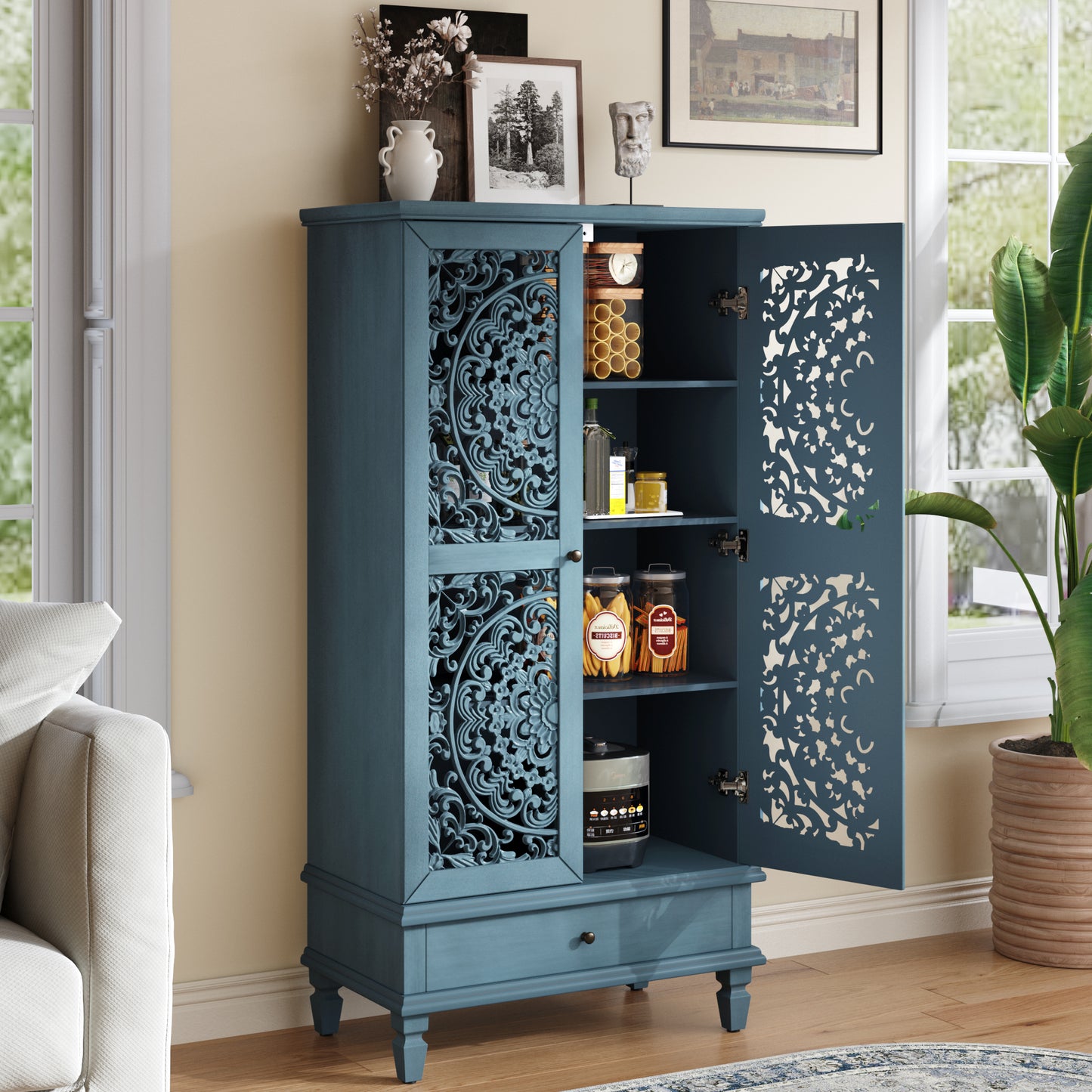 Rustic 55'' Tall Storage Cabinet with Drawer - Antique Blue