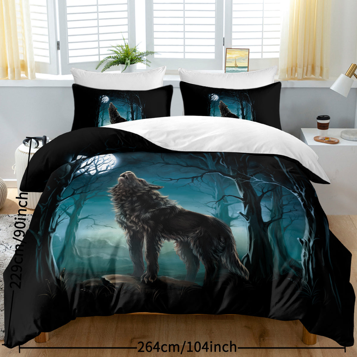 Moon Wolf Duvet Cover Set - Watercolor Forest Design, 3 Pieces
