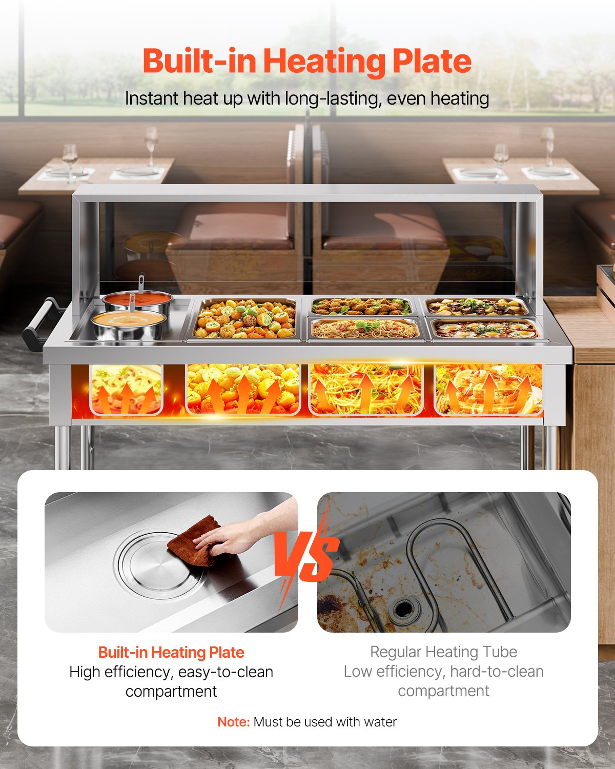 Commercial Food Warmer Steam Table with 5 Pans 2 Pots & Undershelf Shield - Silver