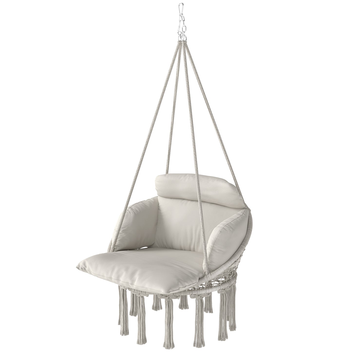 Macrame Hanging Hammock Chair with Large Cushion - Cream White