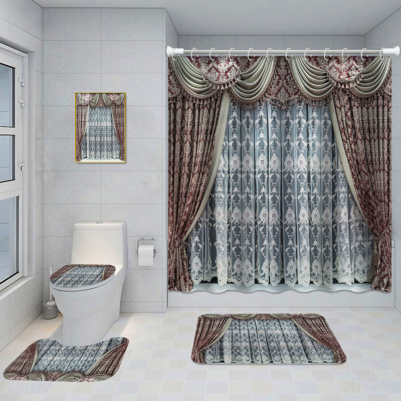 Bathroom 5-Piece Shower Curtain Set with Mat and Decorative Aluminum Frame
