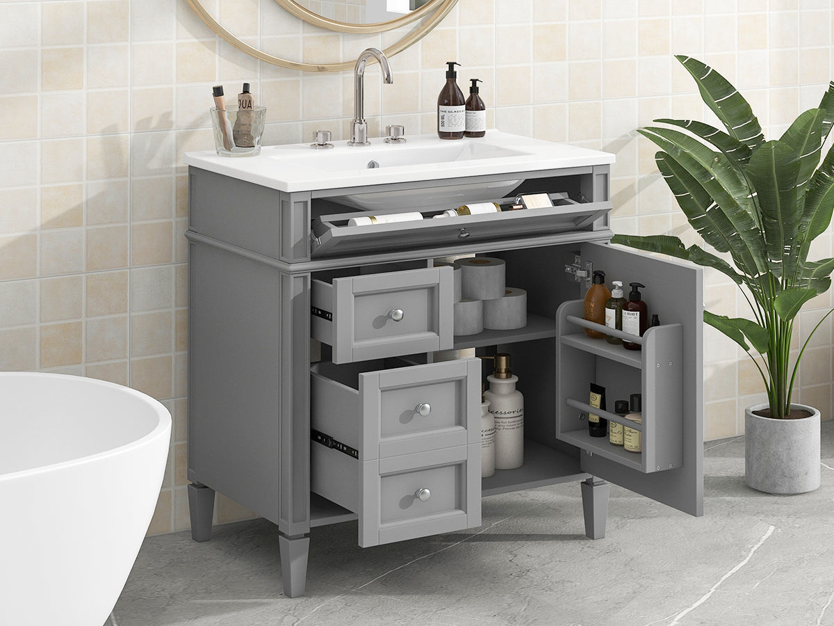30'' Modern Bathroom Vanity with Sink & 3 Drawers - Grey