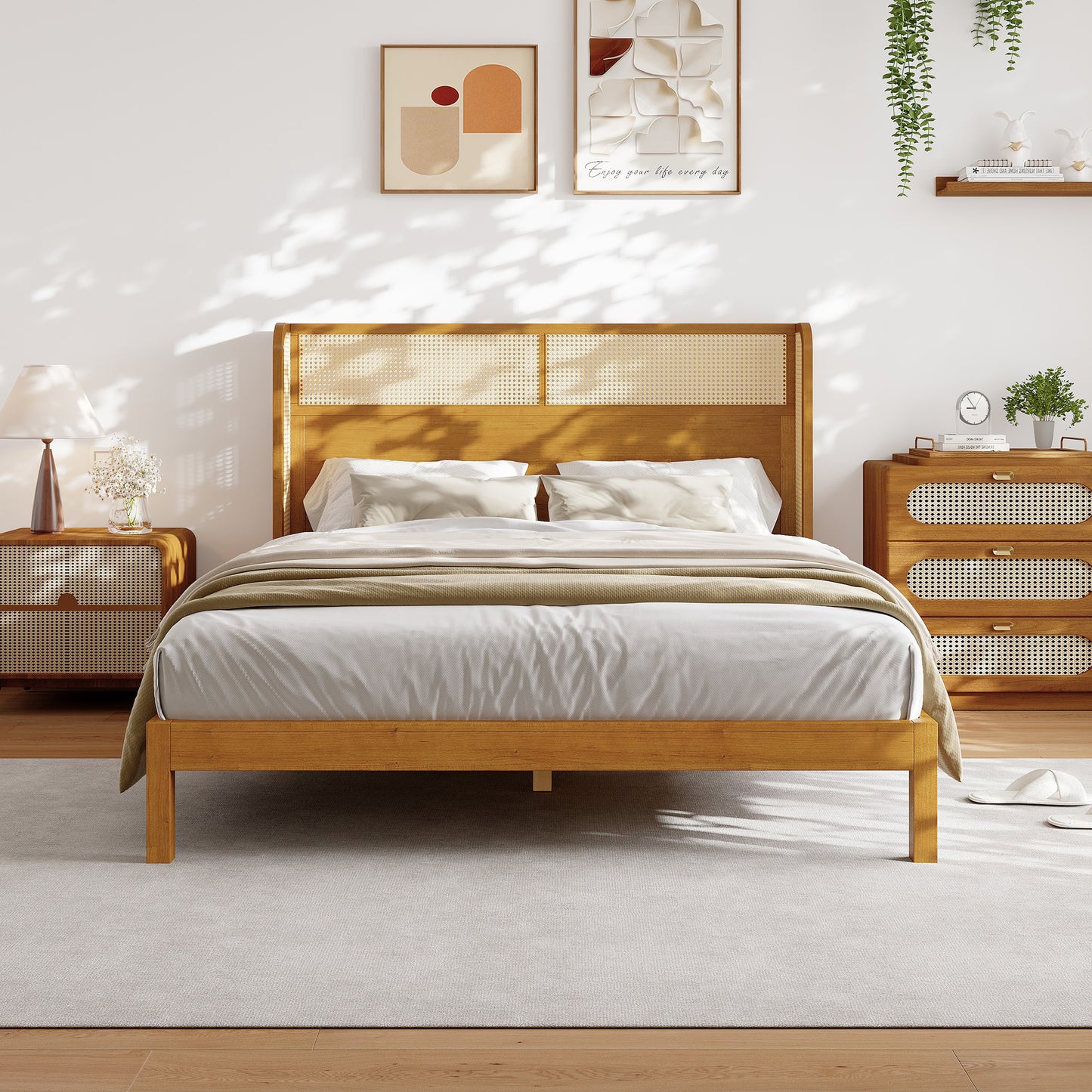 Queen Platform Bed Frame with Headboard - Mid Century Modern Natural Rubber Wood