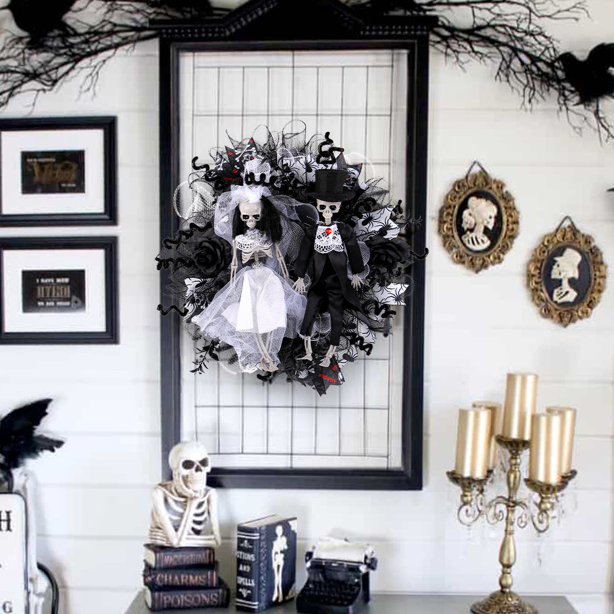 Halloween Skull Bride Groom Mesh Garland Horror Decoration Prop - Wedding & Party Decor
