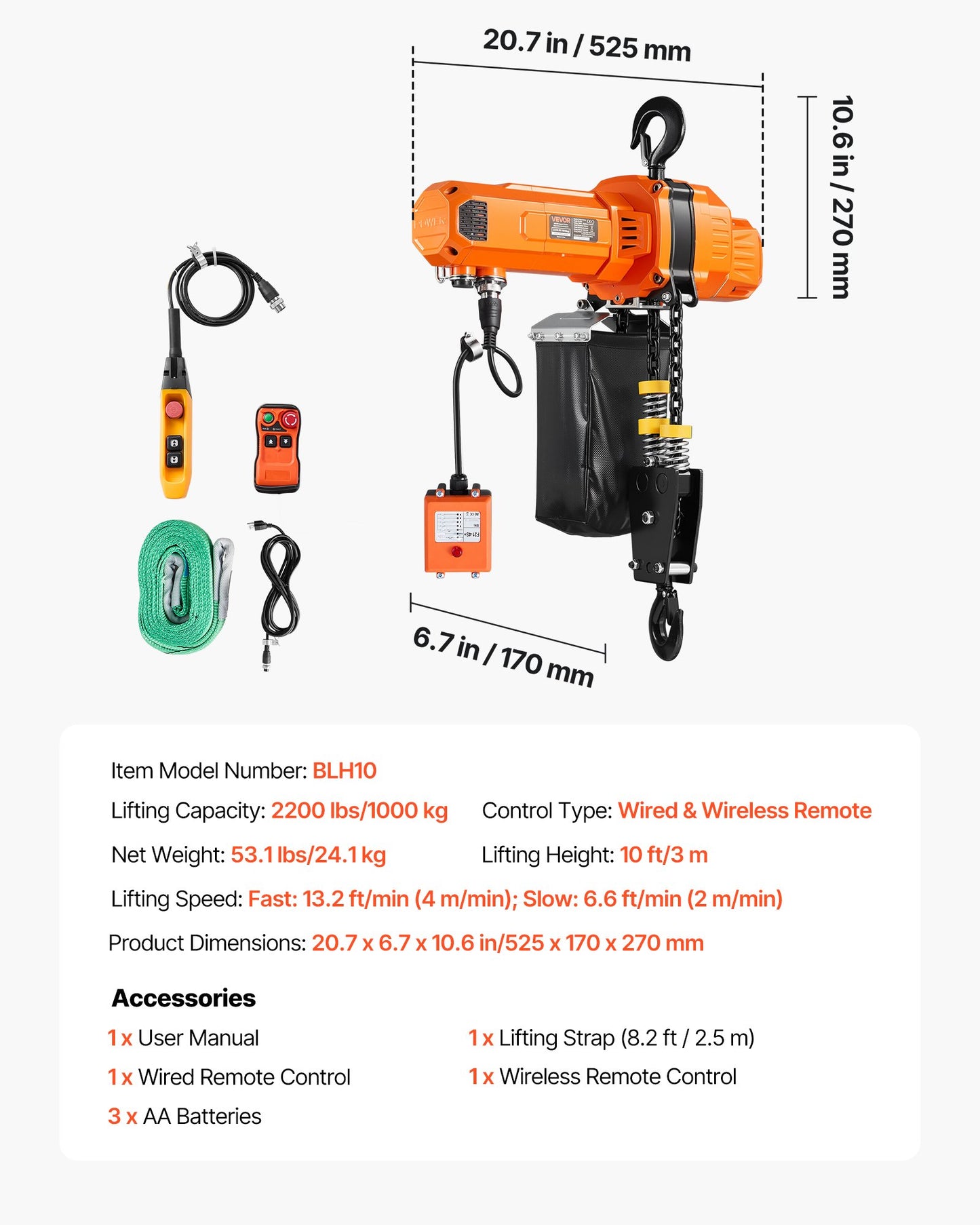 2200 Lb Electric Chain Hoist with Wireless & Wired Remote Control - 10 Ft Lift, 120V Overhead Crane for Factories & Warehouses