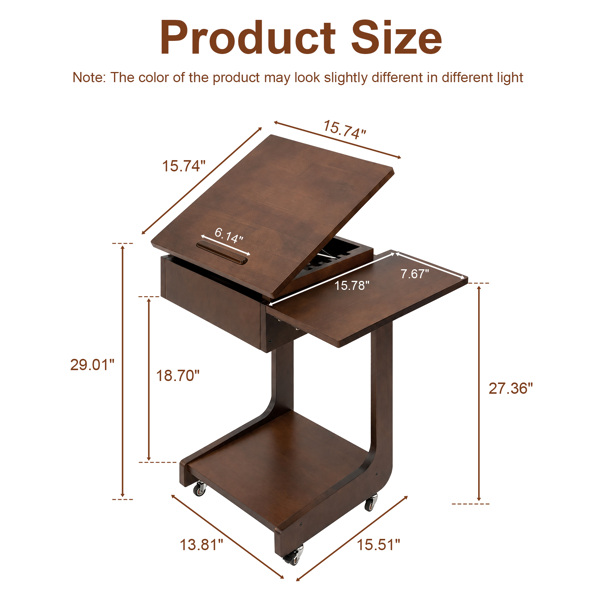 Solid Wood C-Shaped End Table with Adjustable Desktop - Walnut