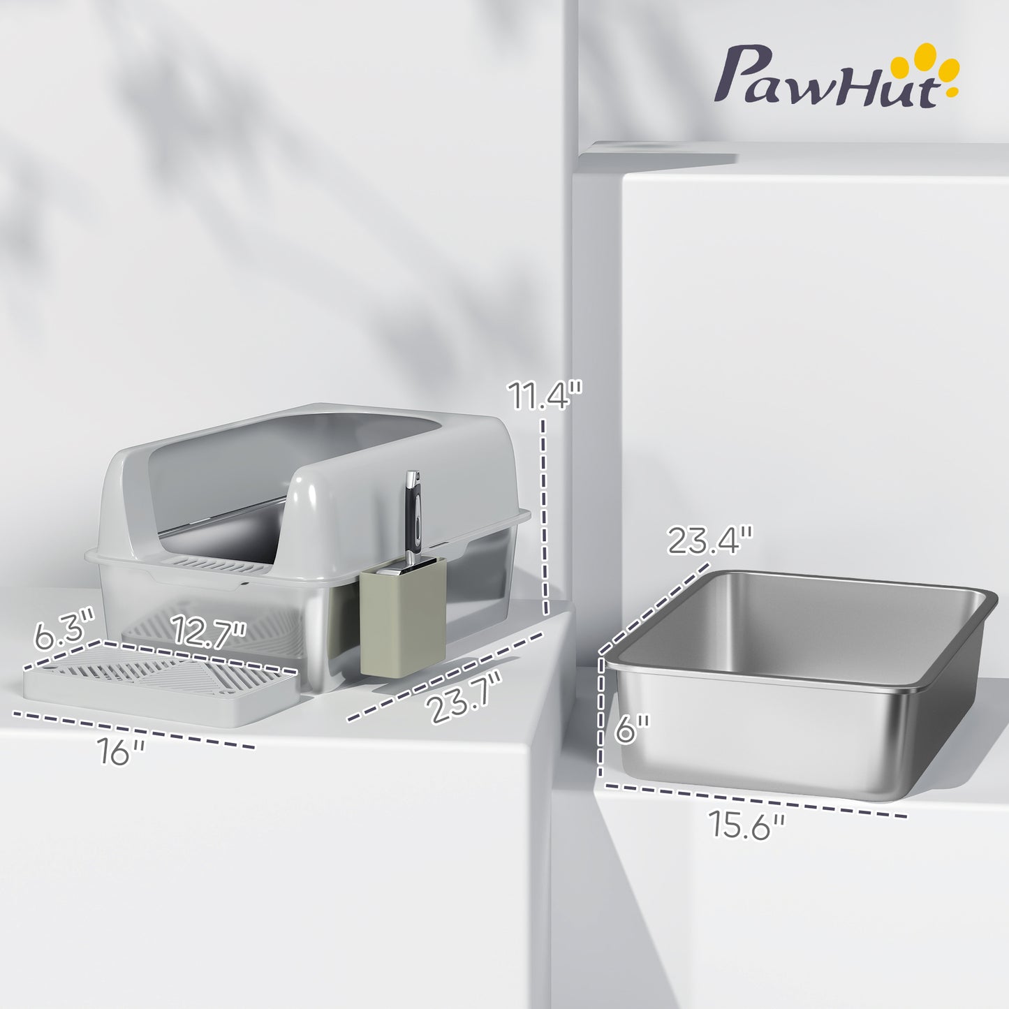 High Sided Stainless Steel Cat Litter Box with Scoop & Holder - Light Gray, 650x210x450mm
