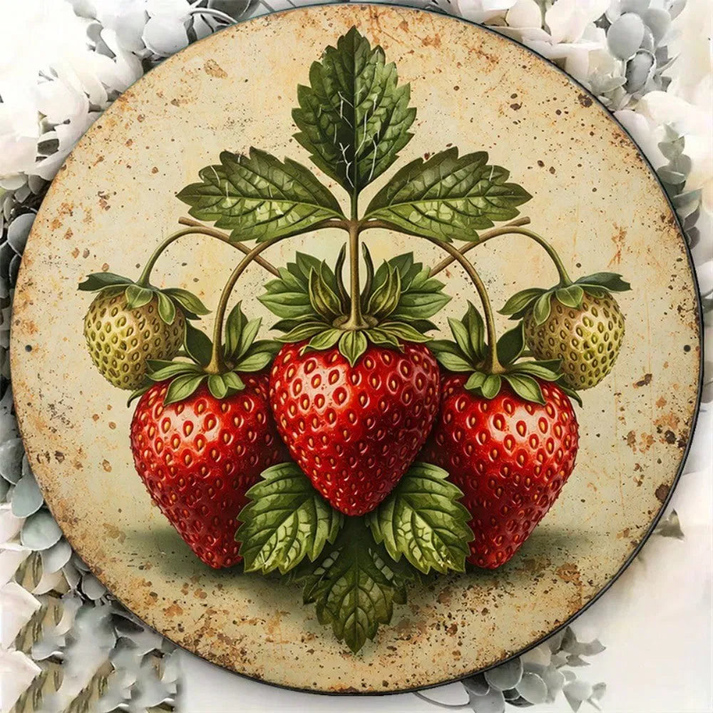 Vintage Strawberry 2D Flat Round Sign - 8x8in Metal Wall Art