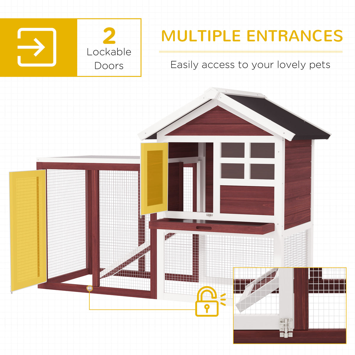 Wooden Rabbit Hutch with Waterproof Asphalt Roof & Removable Tray - Large Outdoor Pet Cage