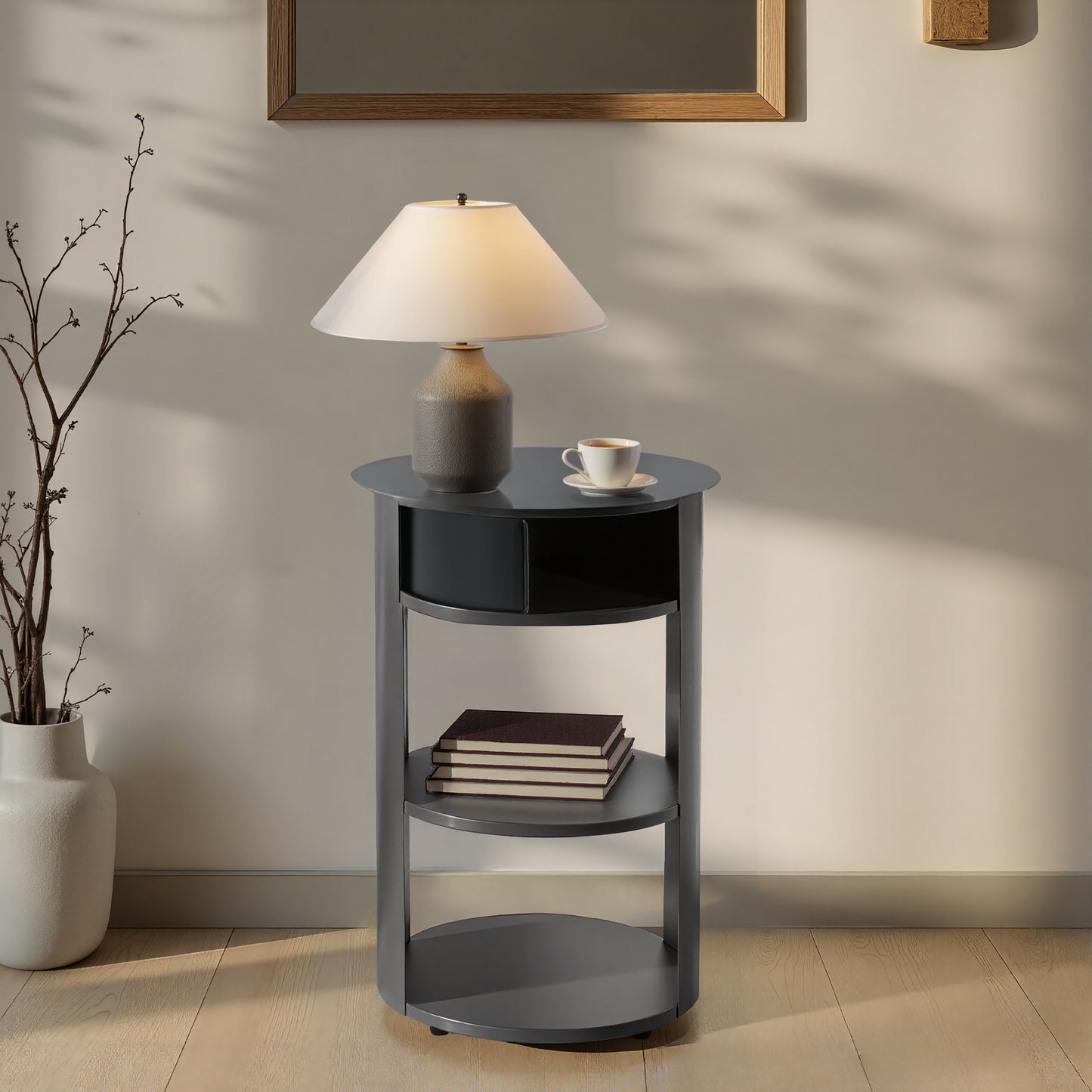 Indoor 3-Tier Metal Round Side Table With Sliding Door Cabinet, Matte