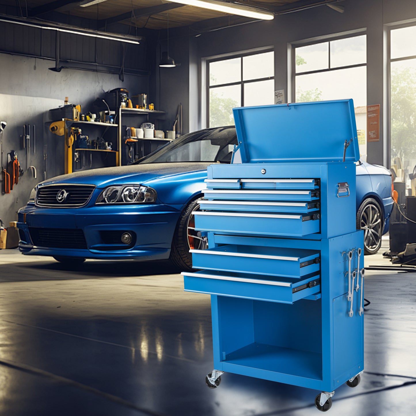 8-Drawer Metal Tool Storage Cabinet with Detachable Top Box - Blue