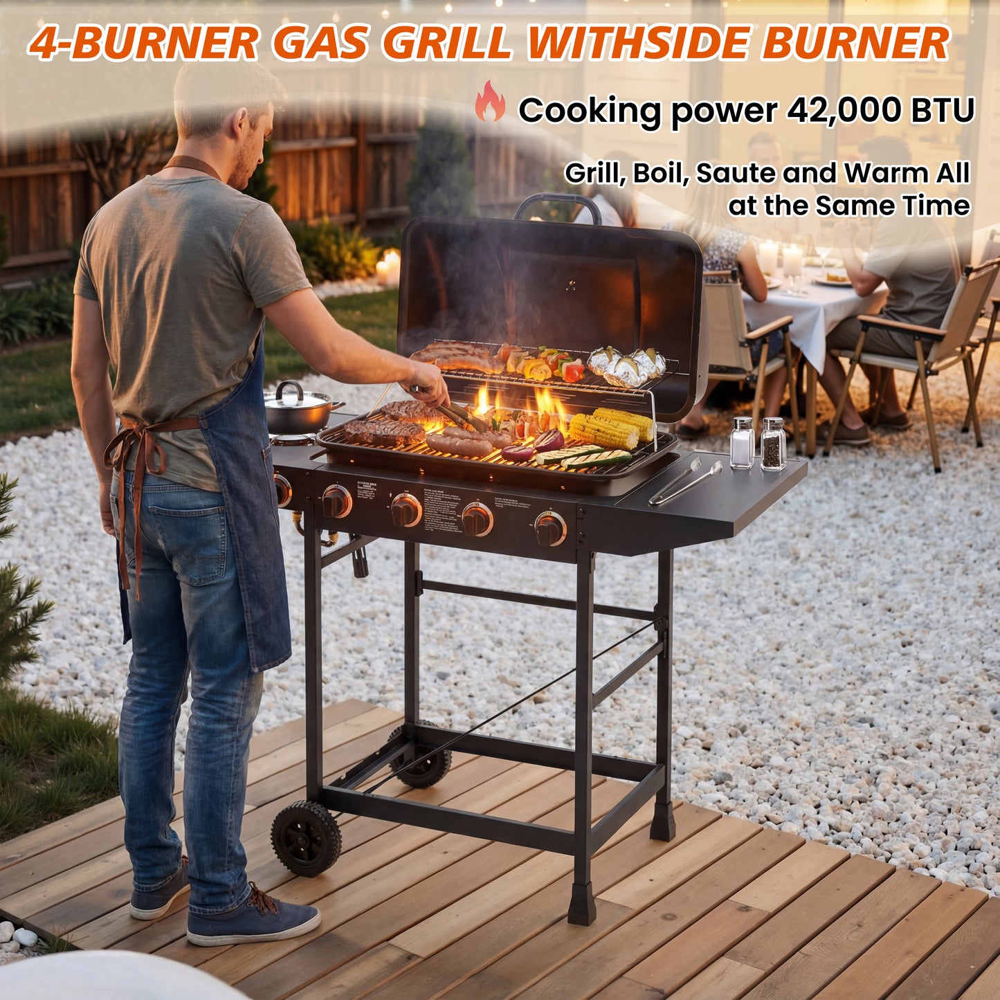 4 Burner Propane Gas Grill with Side Burner - Black