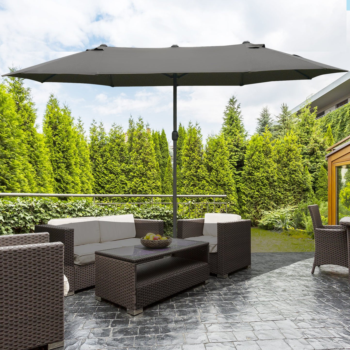 15' Double-Sided Patio Umbrella with Steel Base & UV Protection - Dark Gray