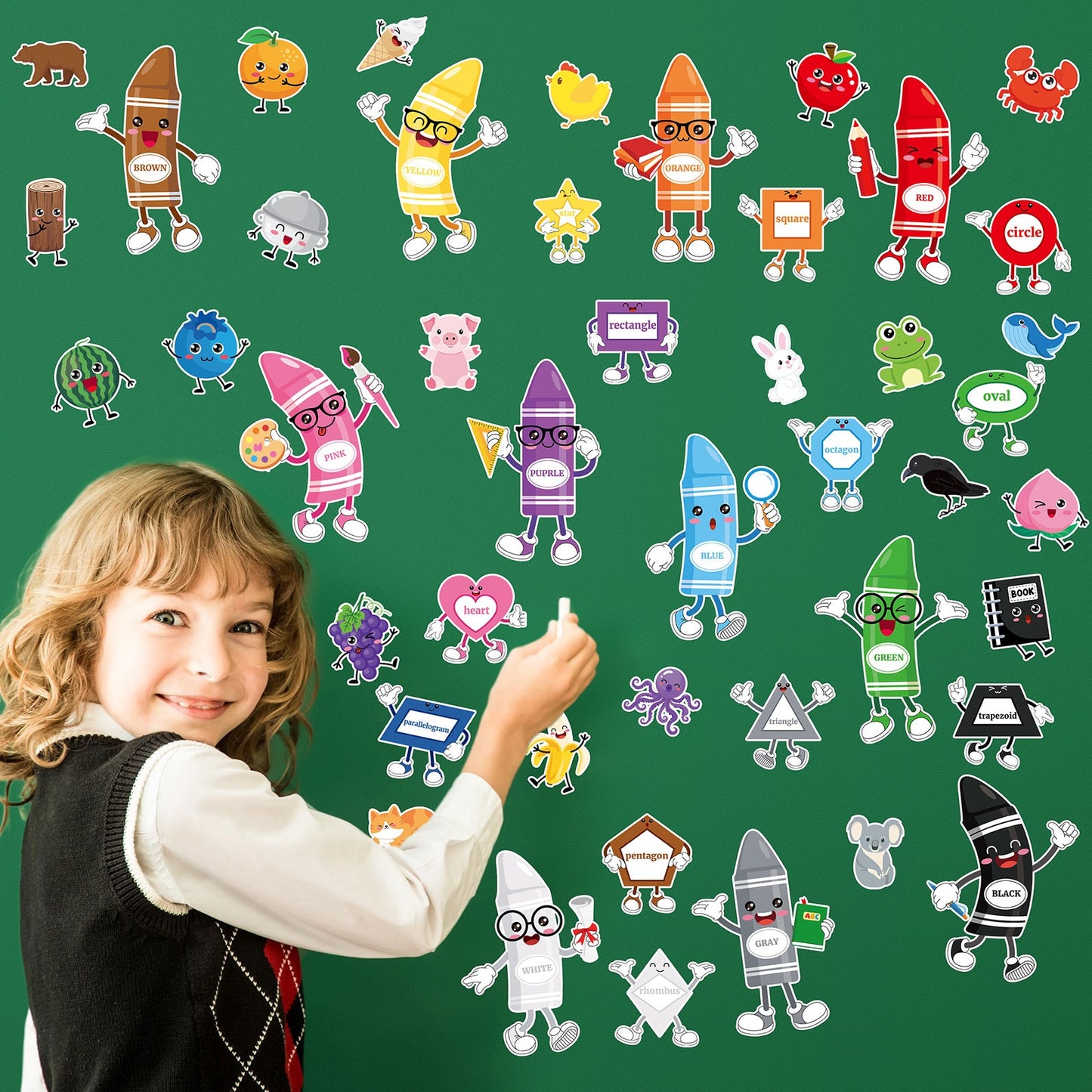 50 Pcs Classroom Bulletin Board Decorations - Crayon, Animal & Fruit Cutouts