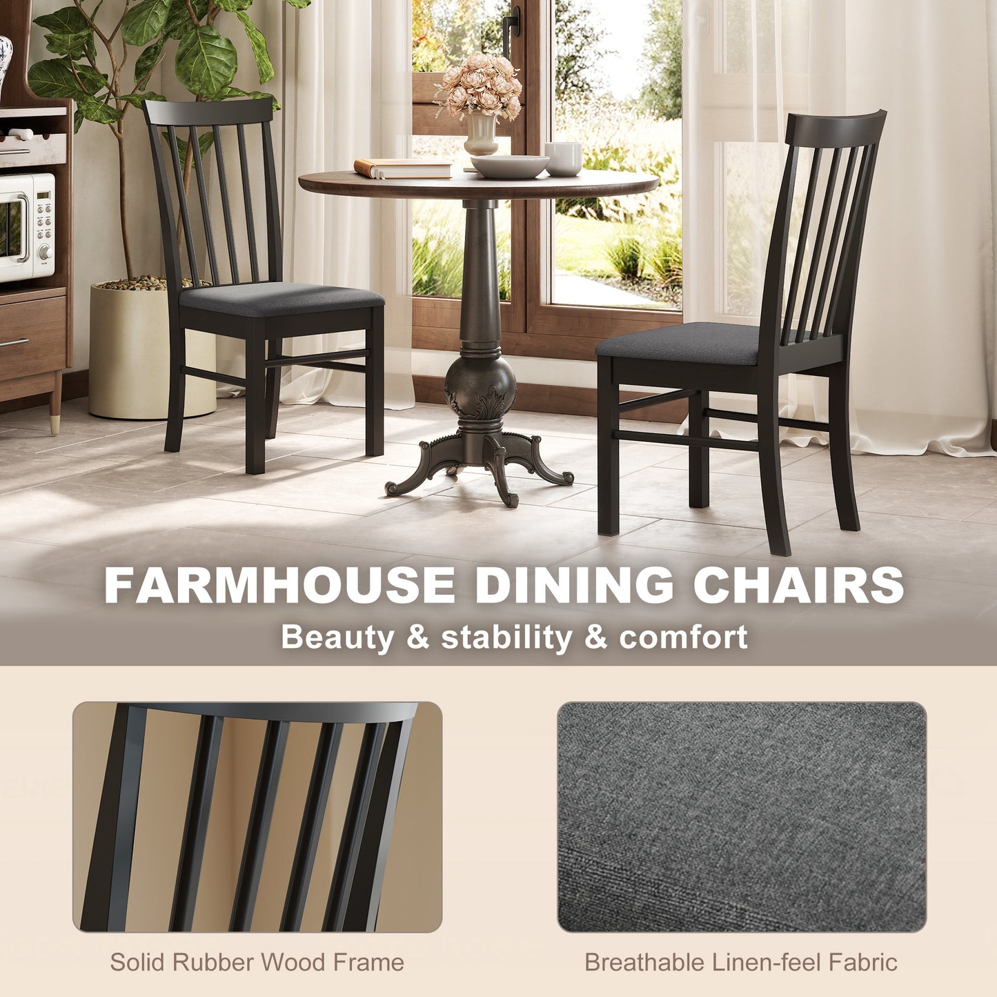 Farmhouse Upholstered Dining Chairs Set of 2 - Black & Gray