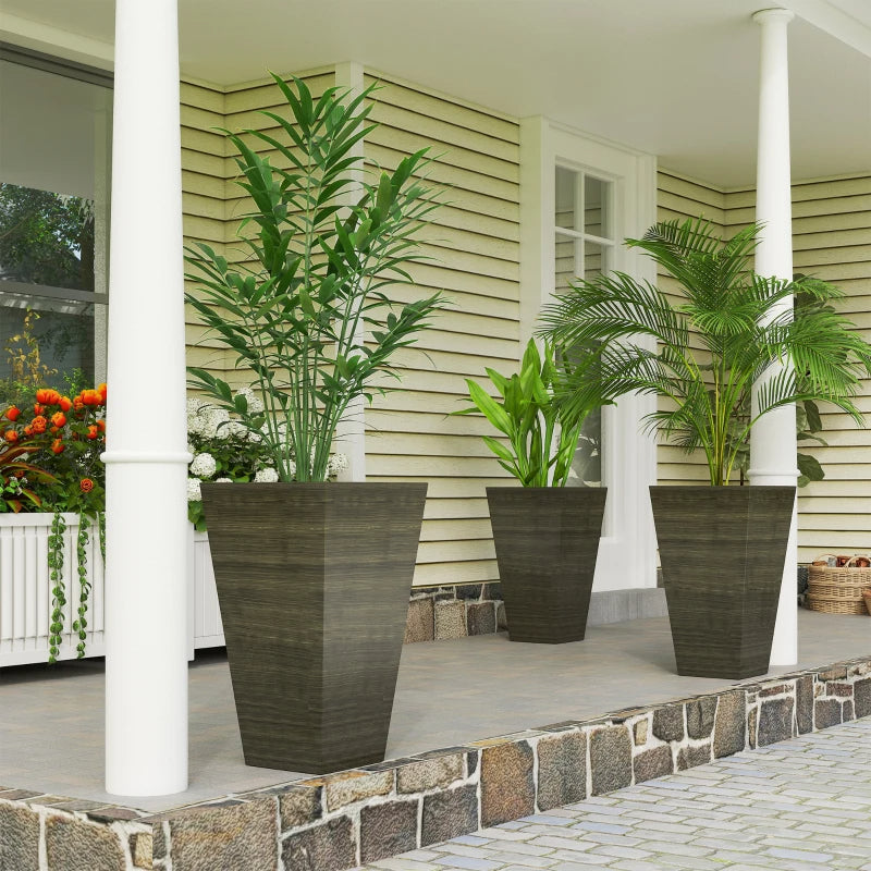 Tall Outdoor Planters Set of 3 - Self-Draining Faux Wood Style Gardening Pots