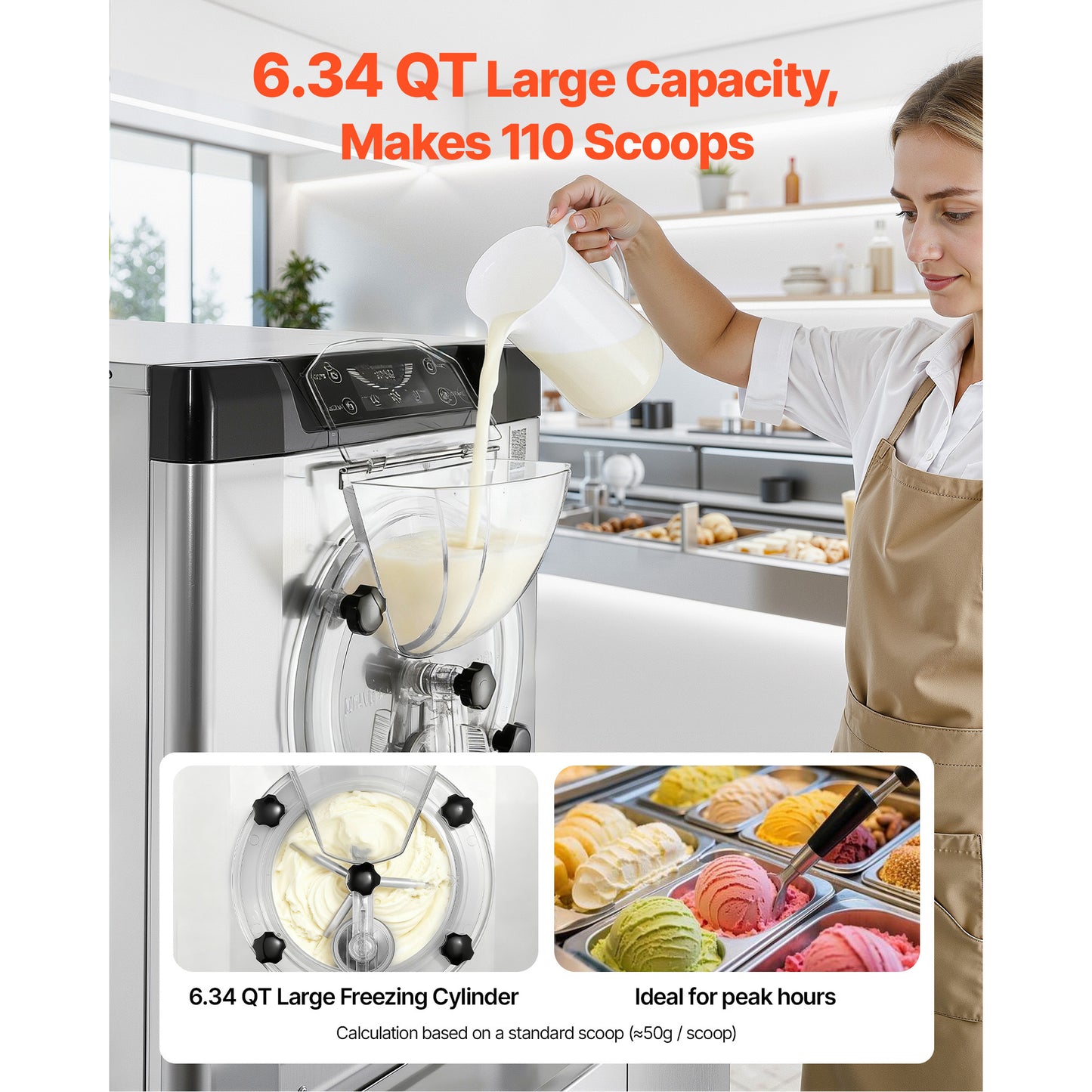 Commercial Hard Ice Cream Machine 2000W 3.17-5.28 Gal/hr Stainless Steel Countertop Gelato Maker with Auto Clean LED Panel for Restaurants