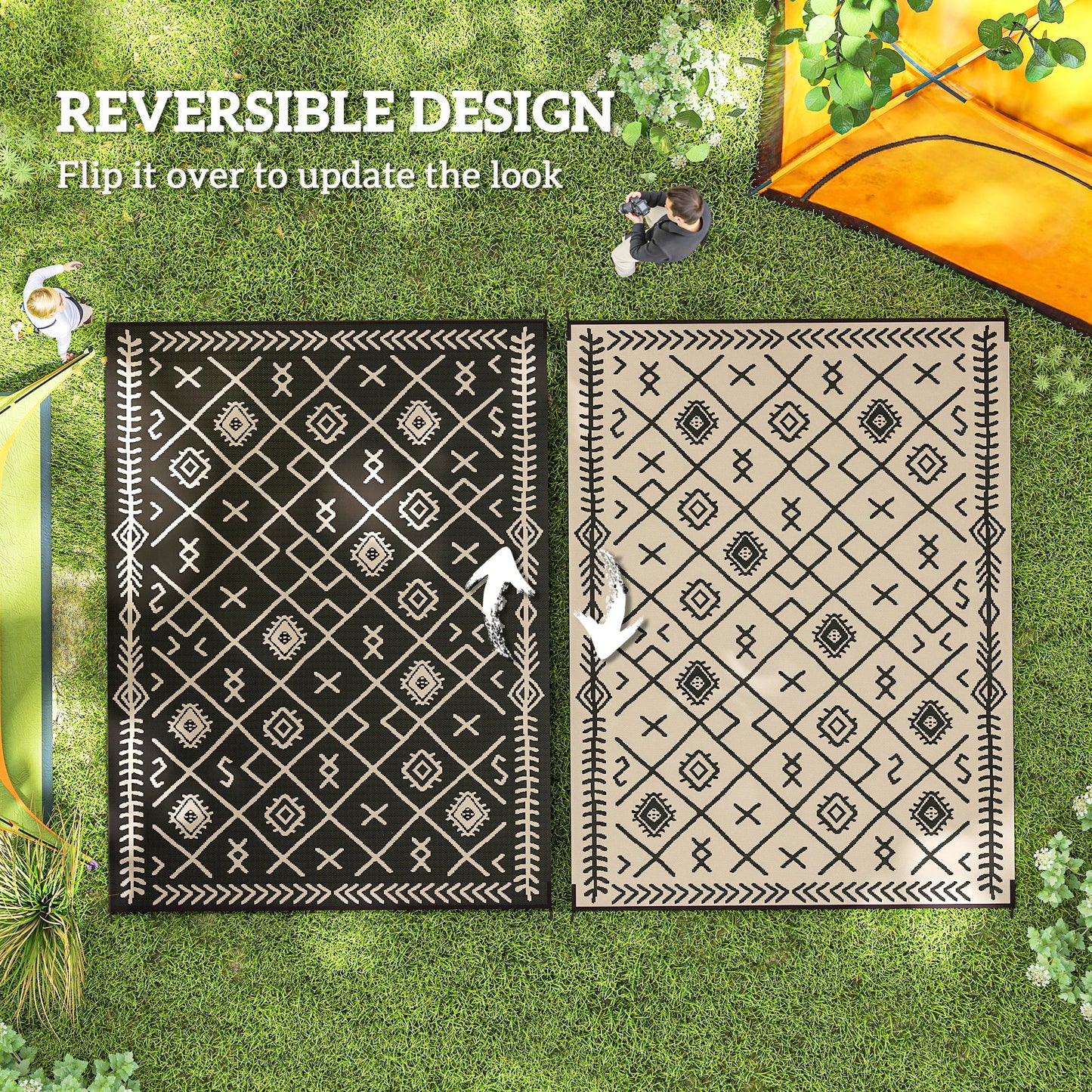 Reversible Outdoor Rug - Waterproof Plastic Straw, 9' x 12', Black & Beige Rhombus