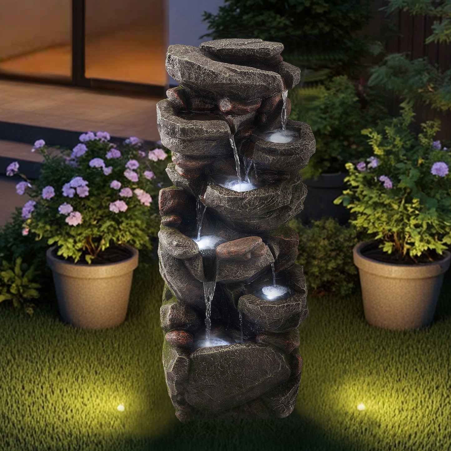 Outdoor 7-Tier Rock Water Fountain - Cascading Garden Decor with Soothing Sounds - Grey
