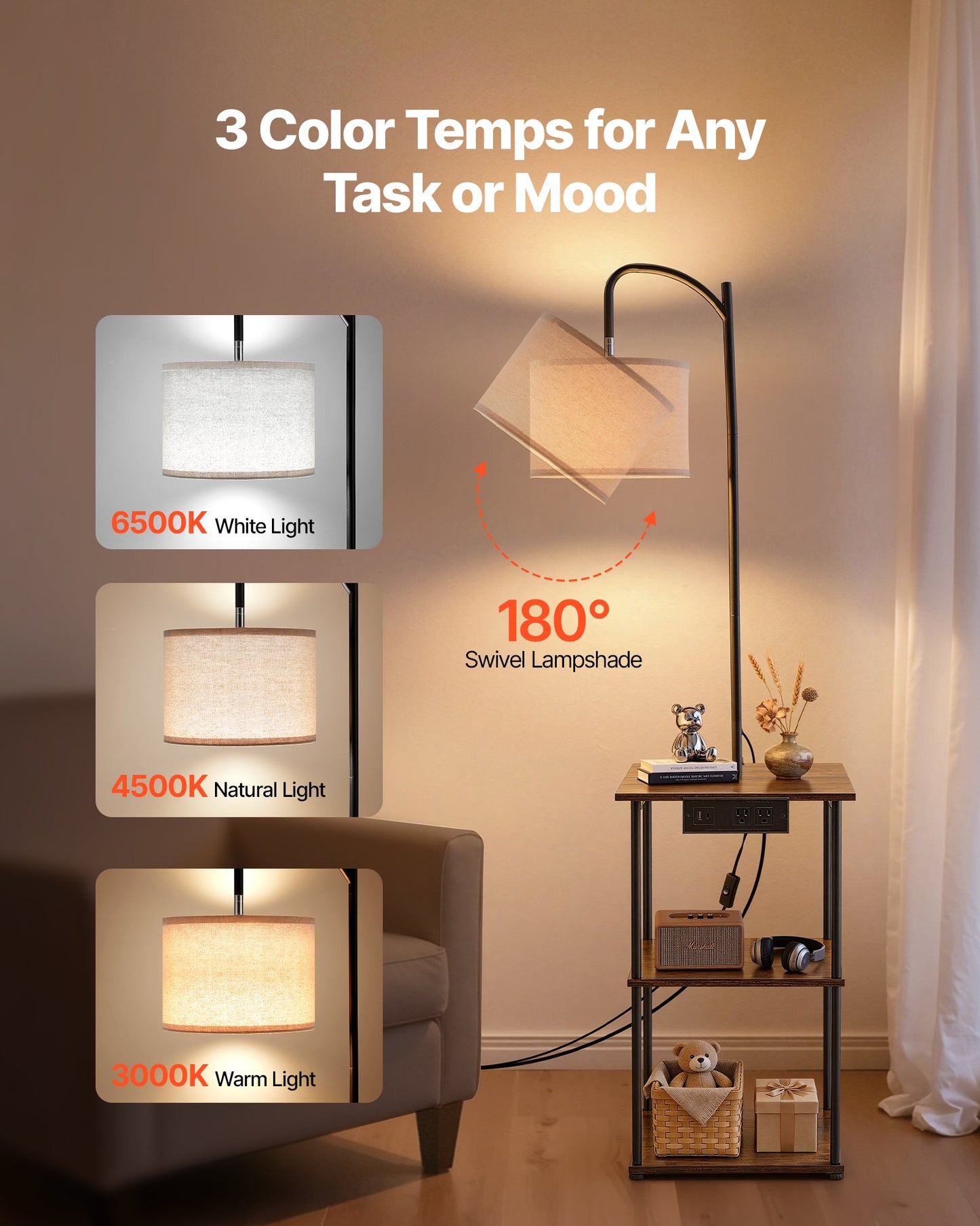 Narrow Floor Lamp with Table and USB Charging, 3 Color Temp End Table Nightstand