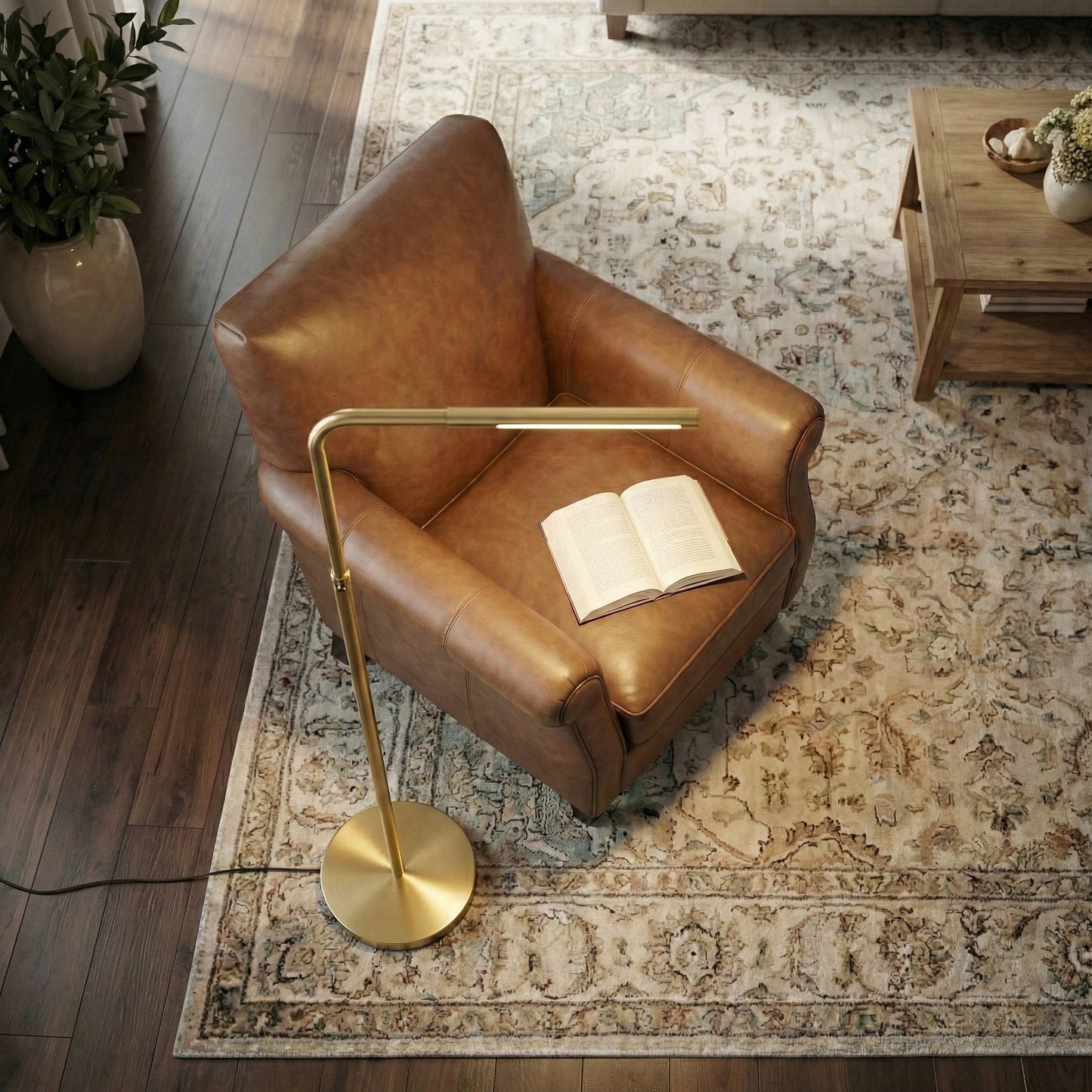 Verve Brassed Gold Floor Lamp With On Off Adjustable Led Round Base