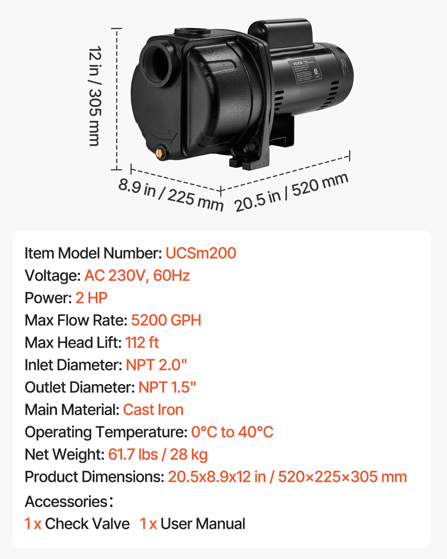 2 HP Shallow Well Jet Pump 5200 GPH Cast Iron Water Pump for Irrigation
