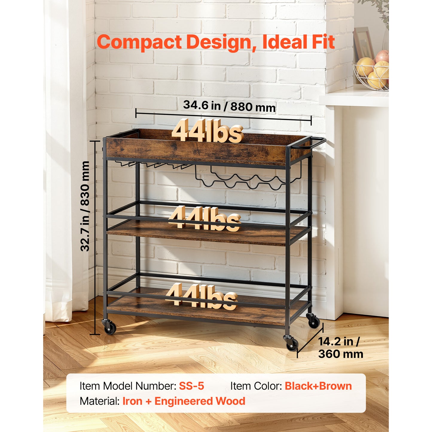 3-Tier Rustic Bar Cart with Wine Rack & Glass Holders - Mobile Serving Station