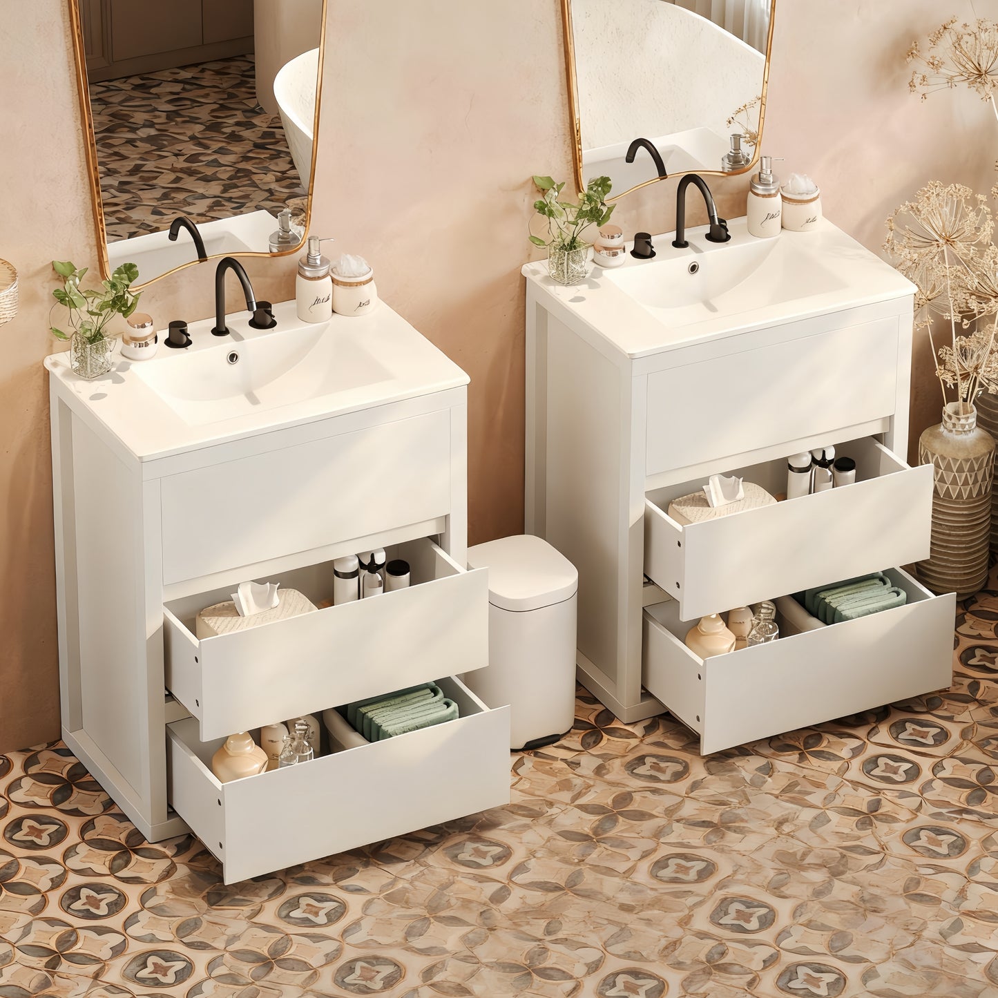 60" Double Sink Bathroom Vanity Set with Ceramic Sinks - White