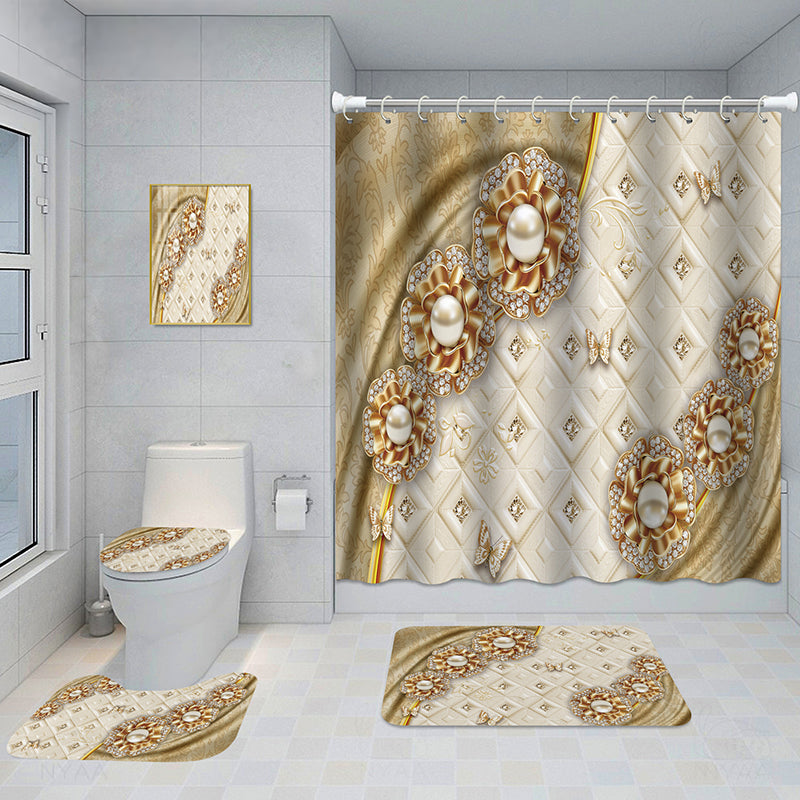 Bathroom 5-Piece Shower Curtain Set with Mat and Decorative Aluminum Frame