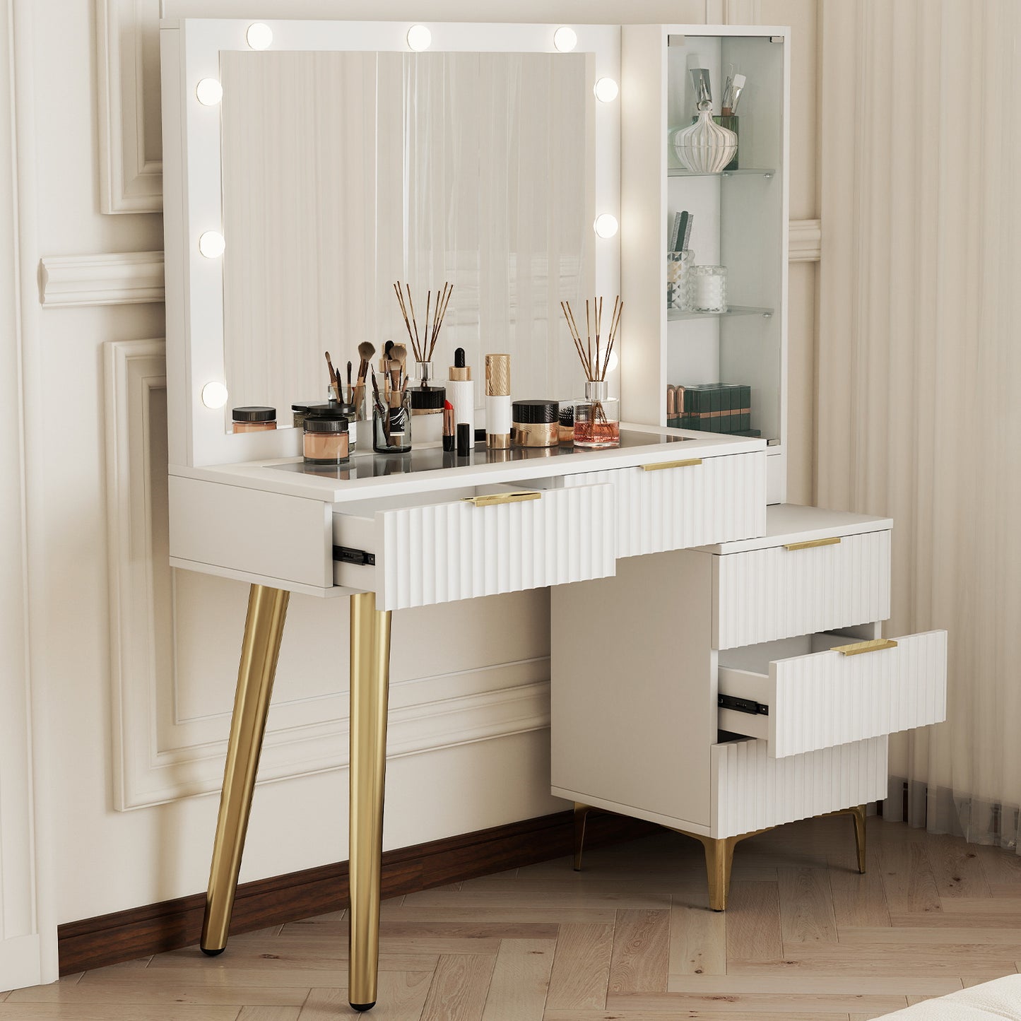 Fluted Vanity Desk With Mirror Glass Top Makeup Table 5 Drawers Power