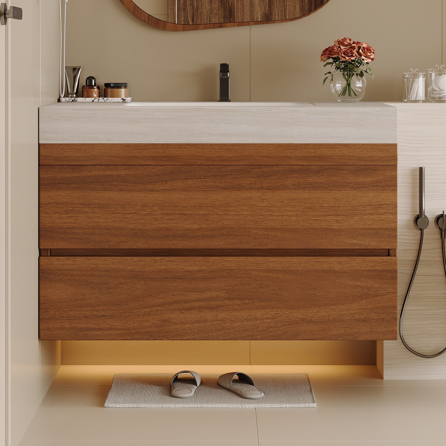 29.9" Modern Floating Bathroom Vanity with Faux Marble Top - Stone Gray Walnut