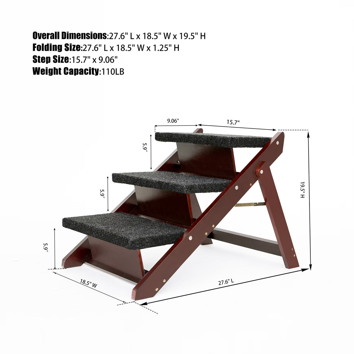 Foldable Wooden Dog Stairs & Ramp for Beds and Cars - Up to 110 lbs - Black or Brown