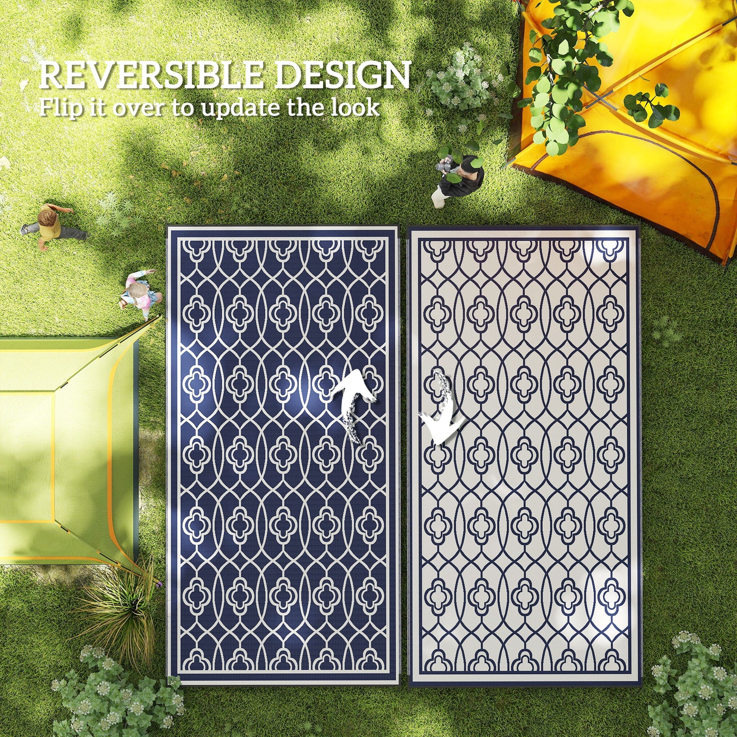 Reversible Outdoor Rug - Waterproof Plastic Straw, 9x18 ft, Blue & White Lantern