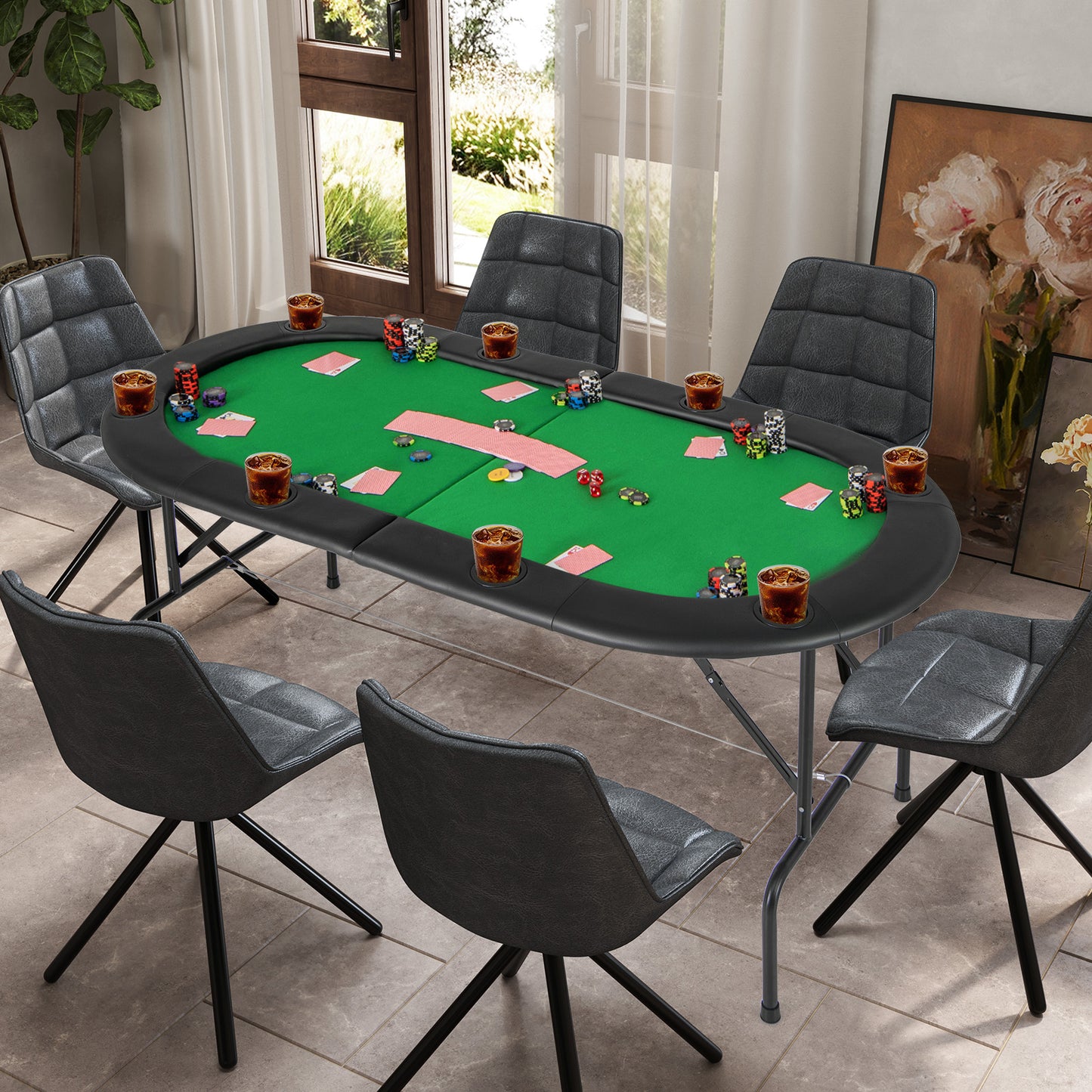 8 Player Foldable Poker Table with Cup Holders - Green
