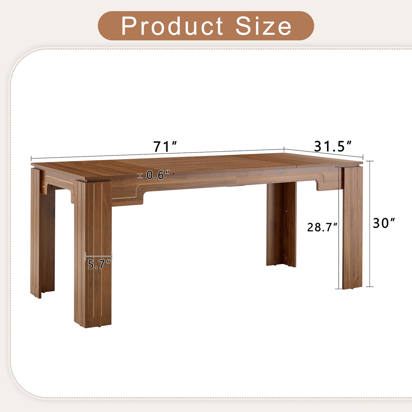 71 X 31.5 Inch Walnut MDF Spliced Tabletop Dining Table With Grooved
