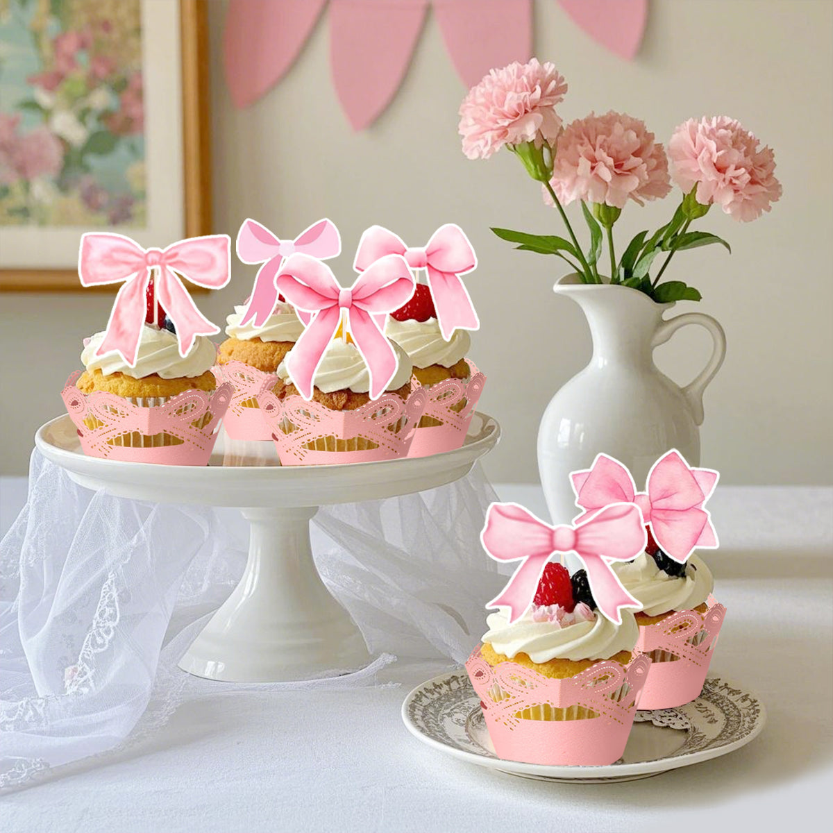 48-Piece Pink Bow Cupcake Toppers Kit - Party Supplies