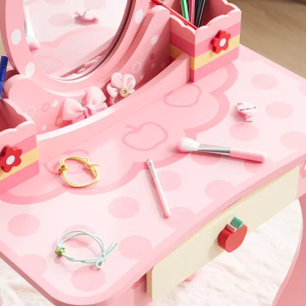 Children's Dressing Table Set - Pink MDF Storage Box with Apple Print