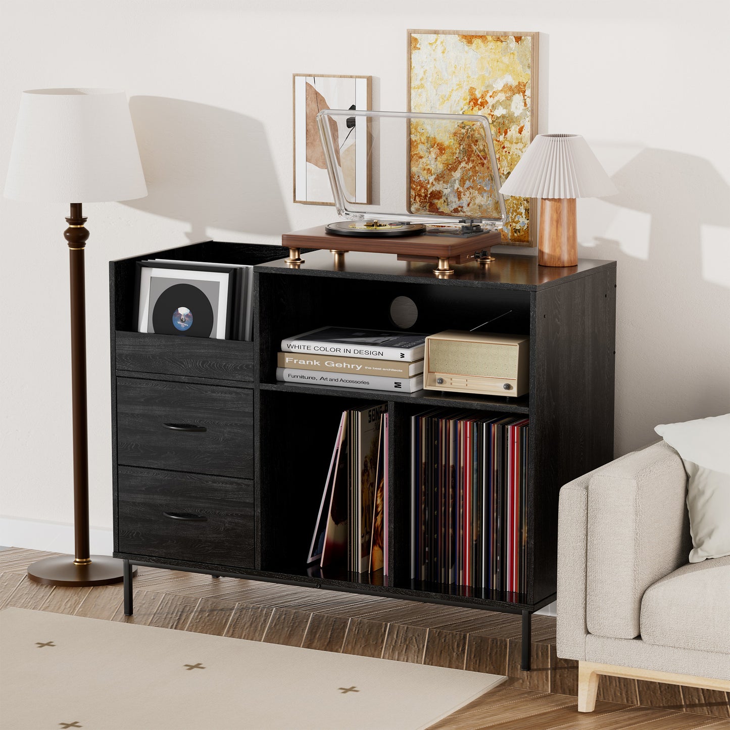 Eco-Friendly Record Player Stand With Flip-Top - Wood Vinyl Storage