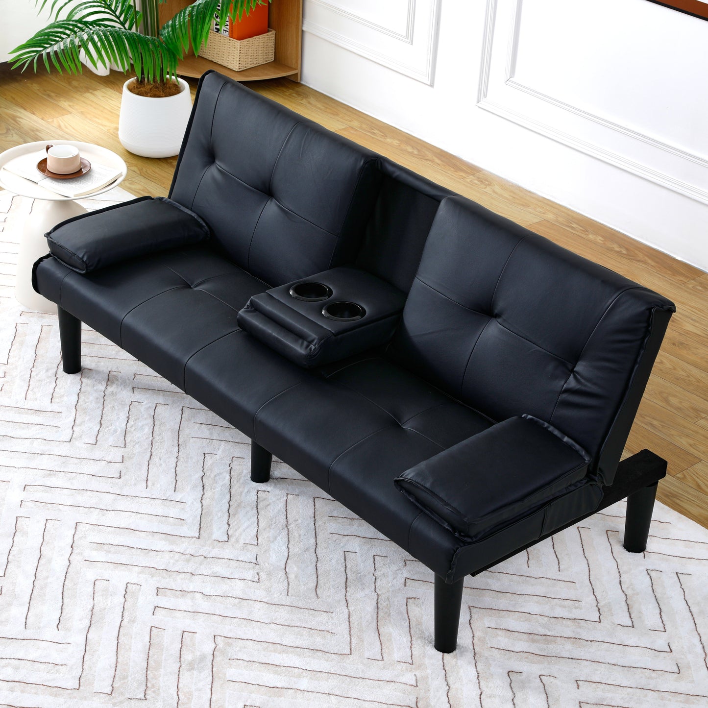 67-Inch Black PVC Multi-Functional Sofa Bed with Cup Holder