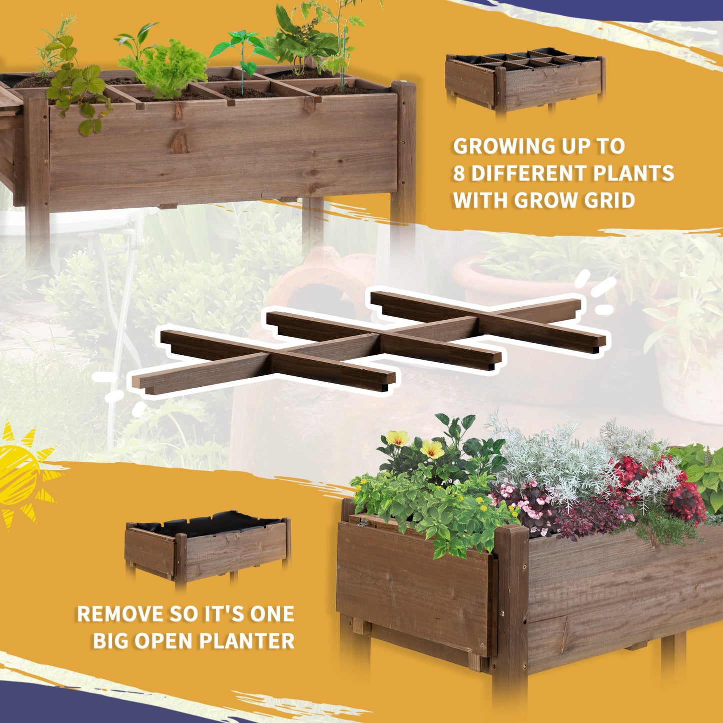 Wooden Garden Bed with Wheels, Foldable Side Clapboard, Self-Draining Design