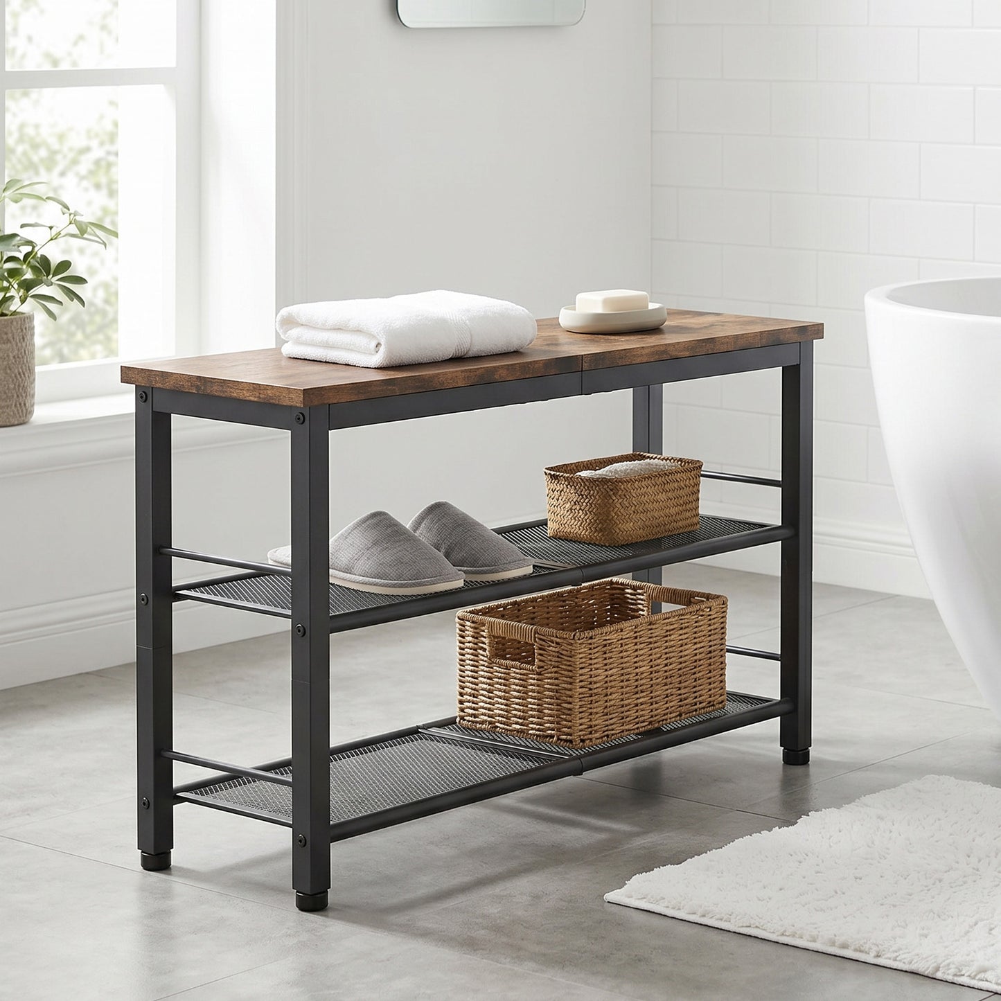 3-Tier Industrial Style Shoe Bench Storage Rack - Easy Assembly