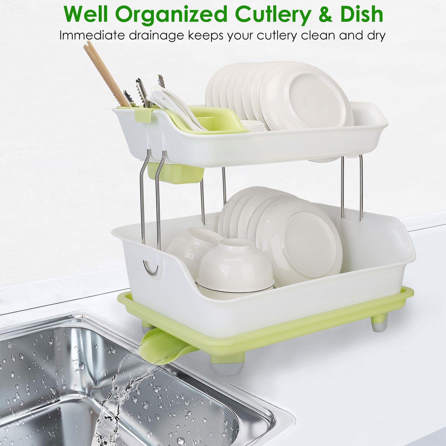 2-Tier Dish Drying Rack and Cutlery Drainer - Green & White