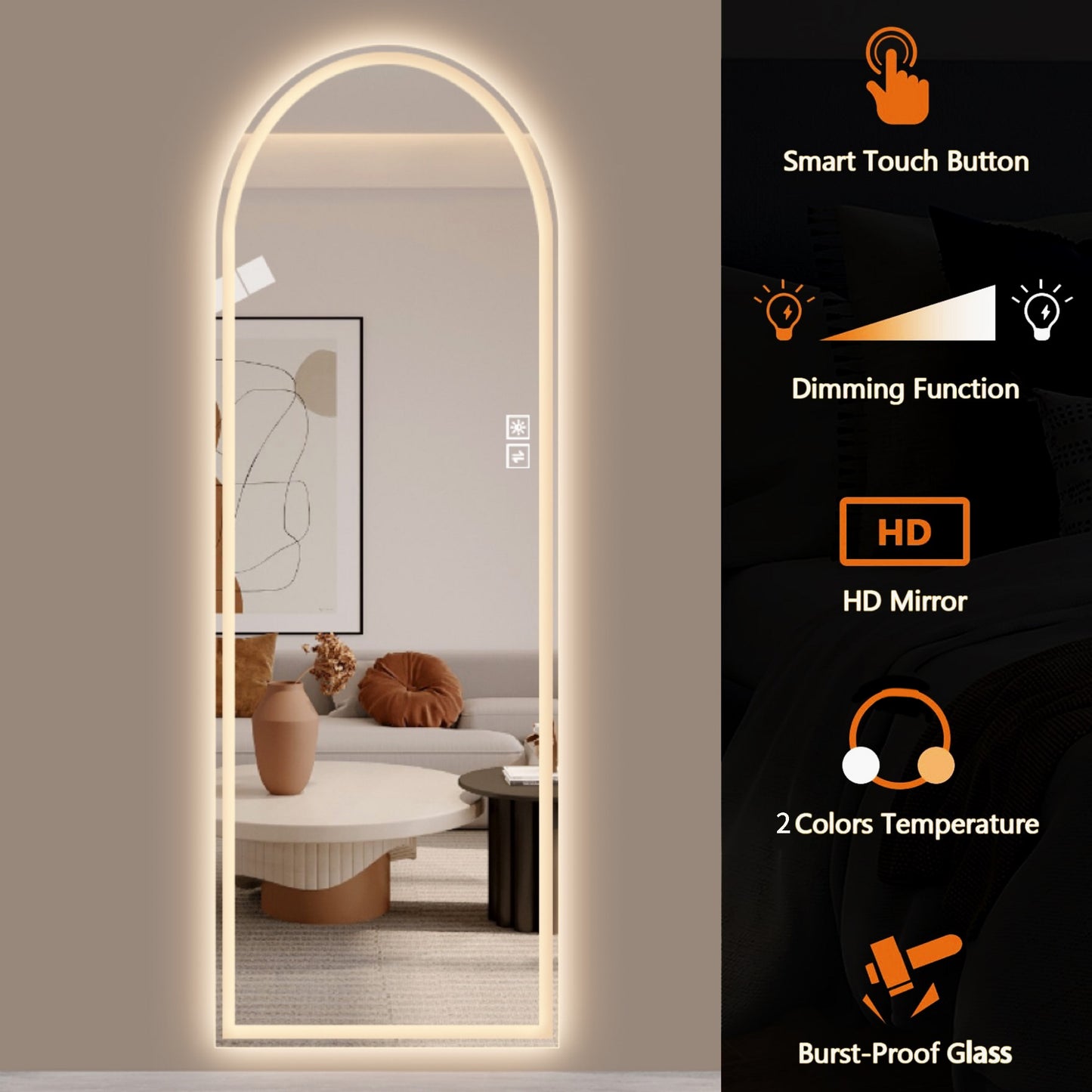65" x 21" Arch LED Bathroom Mirror - Dimmable Anti-Fog Glass