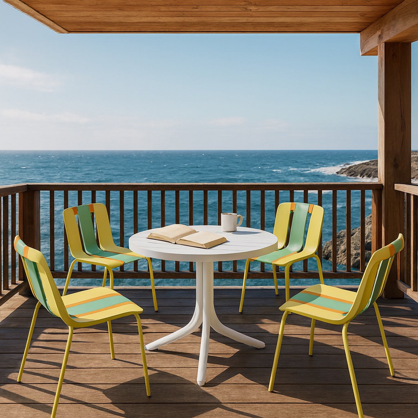 Modern Striped Color Block Chairs Set - 4-Pack with Round Table - Yellow, Orange, Green