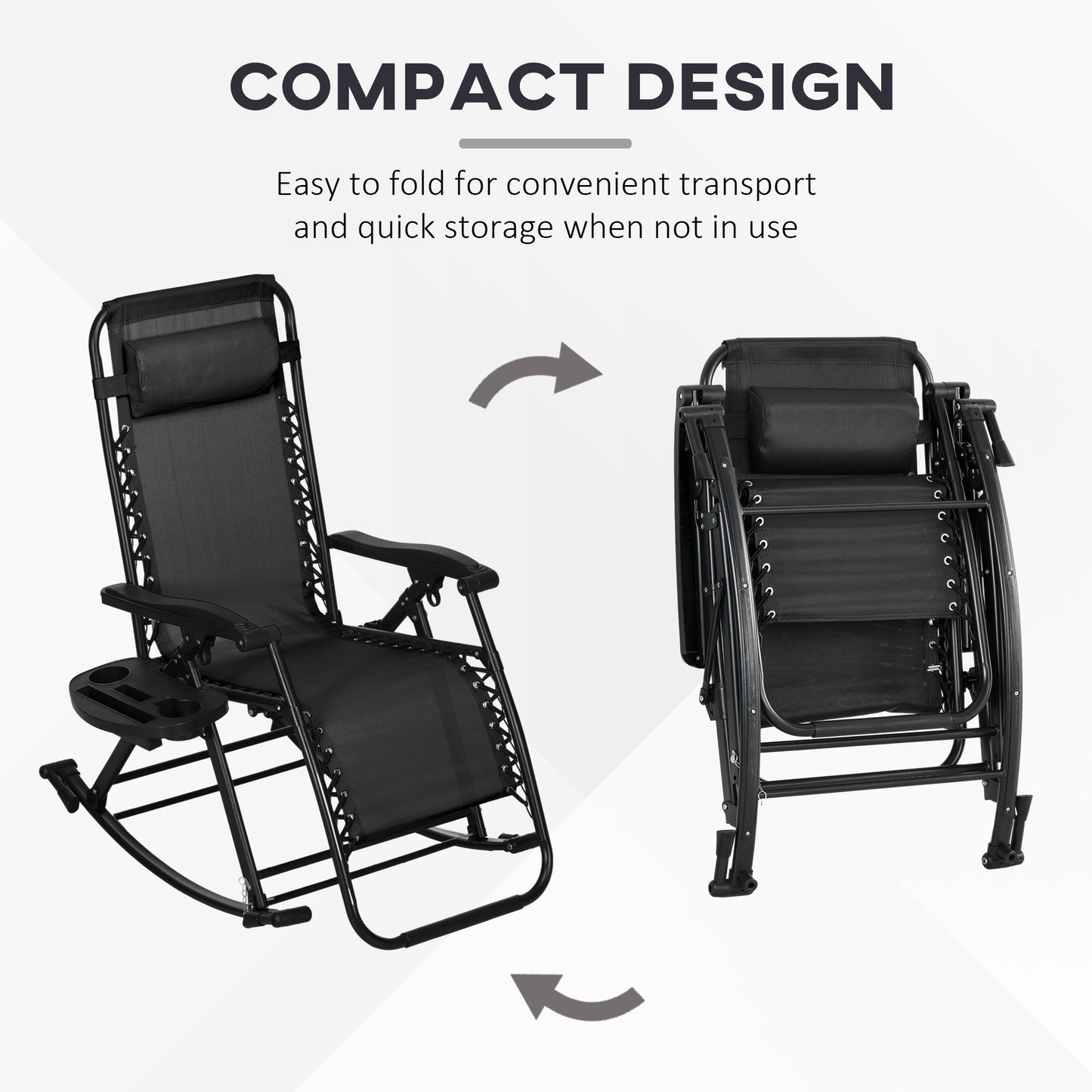 Set of 2 Foldable Zero Gravity Rocking Lounge Chairs with Cup Holders - Black