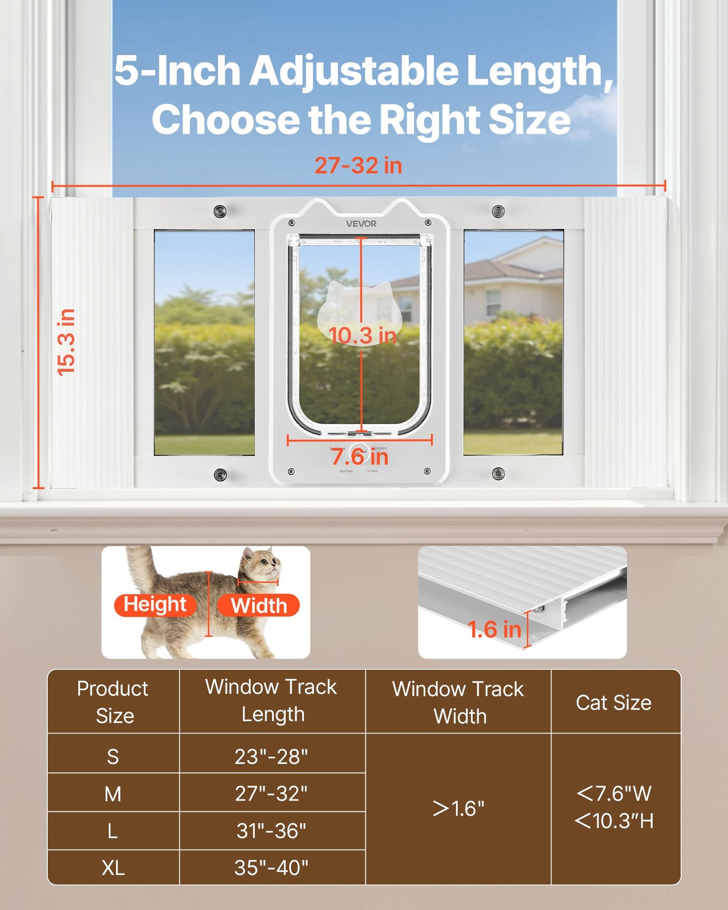 Adjustable Pet Window Door with Magnetic Closure - Weatherproof Aluminum Frame, 27-32 Inches Fit, 4 Lock Modes, White