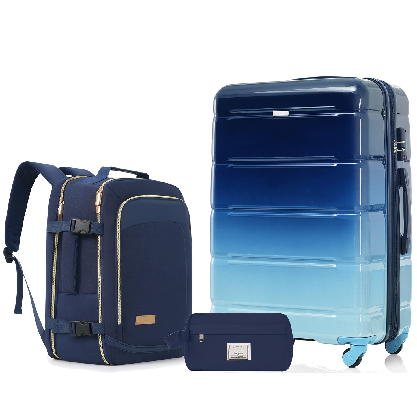 24-Inch Checked Suitcase Set with Travel Duffel & Toiletry Bag - Navy