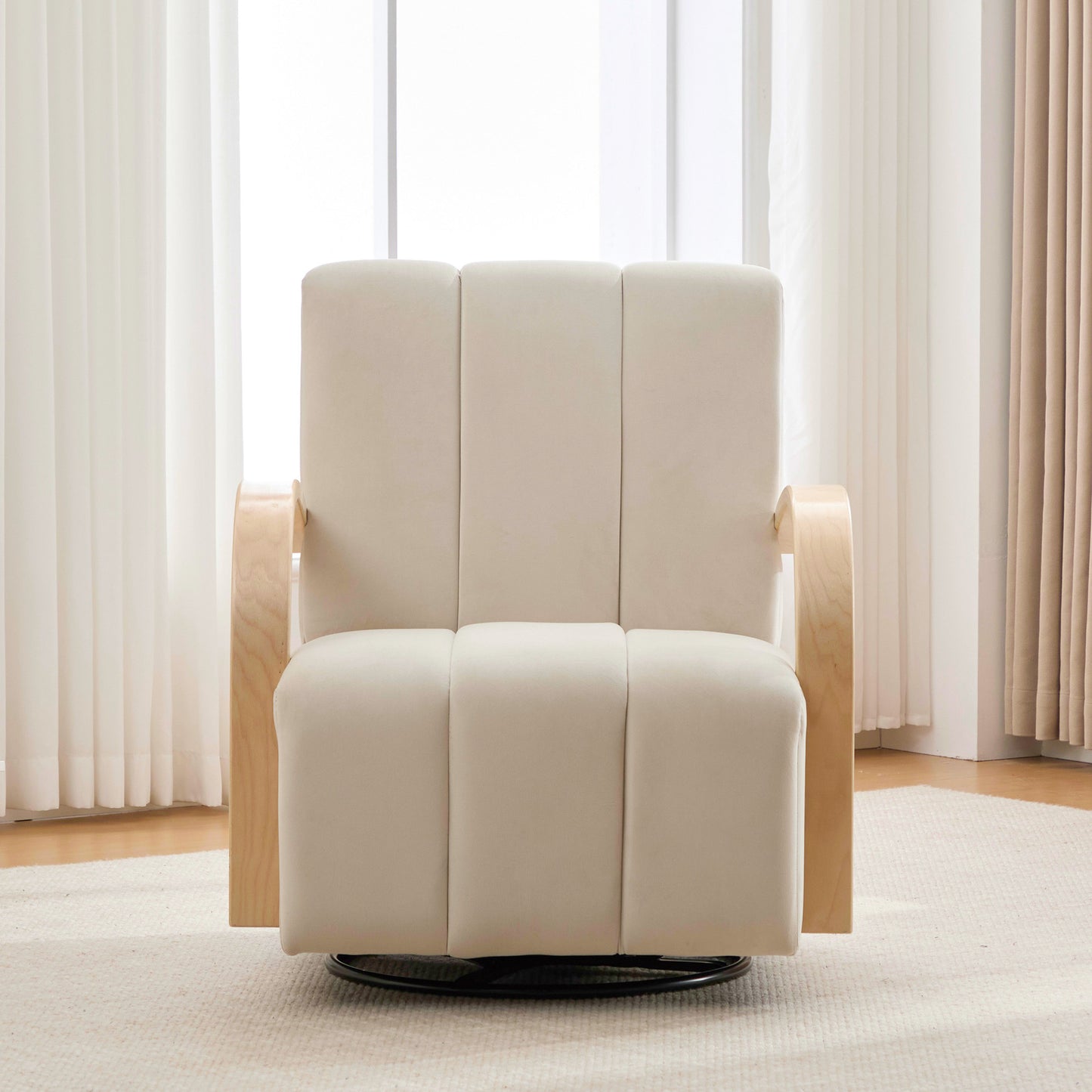 Modern Beige Upholstered Swivel Accent Chair with Solid Wood Armrests